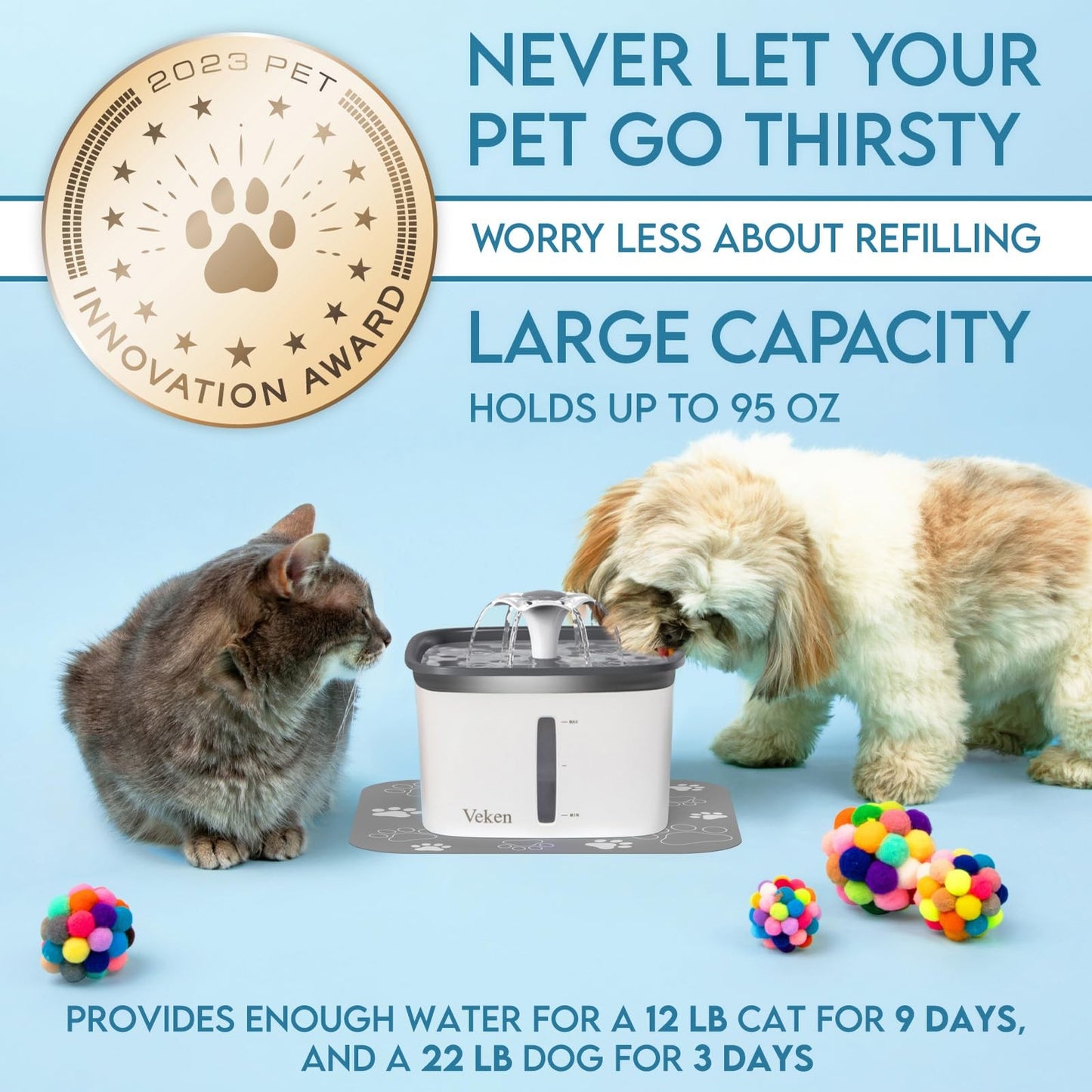 Veken 95Oz/2.8L Pet Fountain, Automatic Cat Water Fountain Dog Water D
